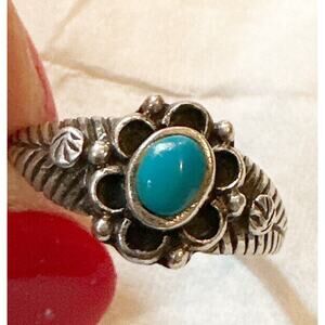 Vintage 925 Turquoise Floral Flower Sterling Silver Size 6 Ring Boho Bohemian